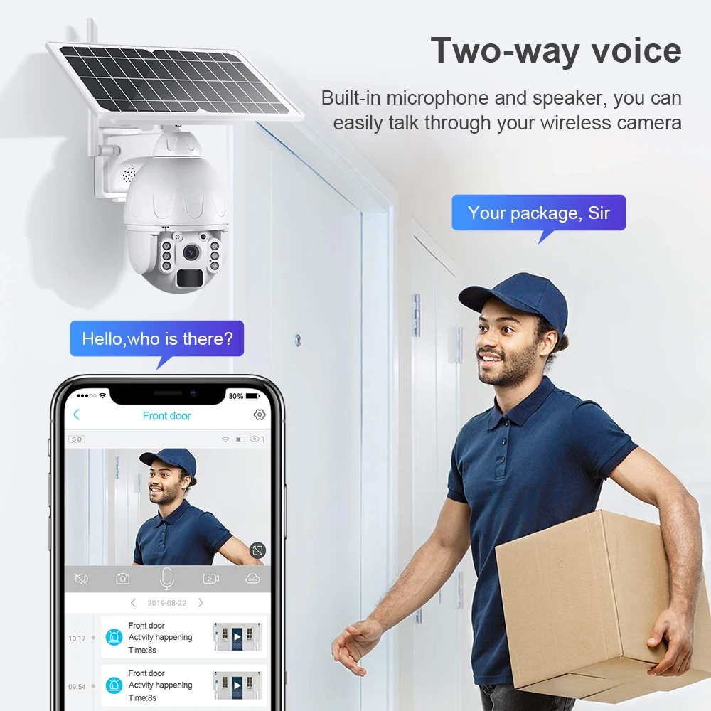 Shiwojia-ソーラーパネル屋外監視カメラ,cctvスマートホーム,双方向侵入アラーム,長い待機時間,4g SIMカード,5mp