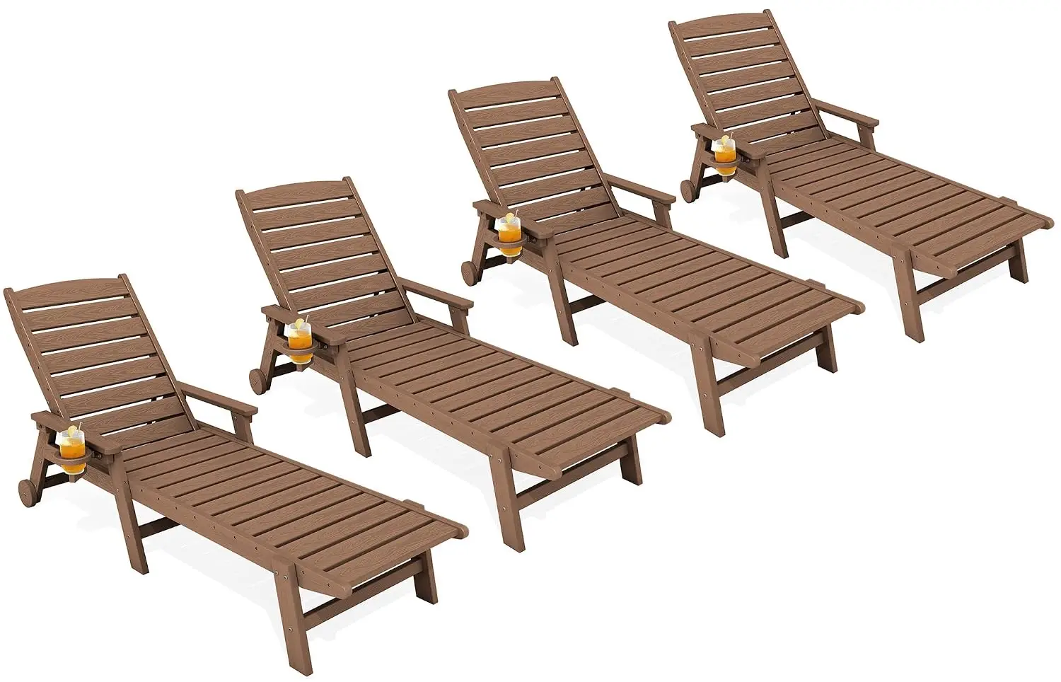 HDPE Lounge Chair Outdoor Set of 4, All Weather Pool Lounger, Adjustable Backrest Patio Chaise Lounge with Cup Holder