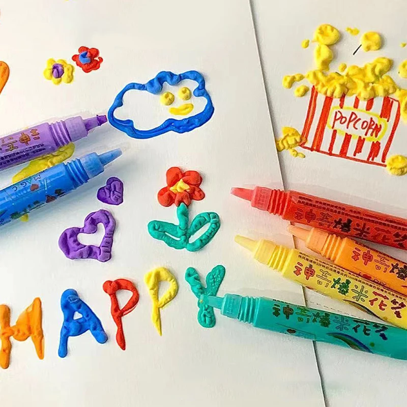 6Pcs Creative Magic Popcorn Pens Kids Puffy 3D Art Safe Pen For Greeting Birthday Cards Children 3D Art Pens Children Gifts