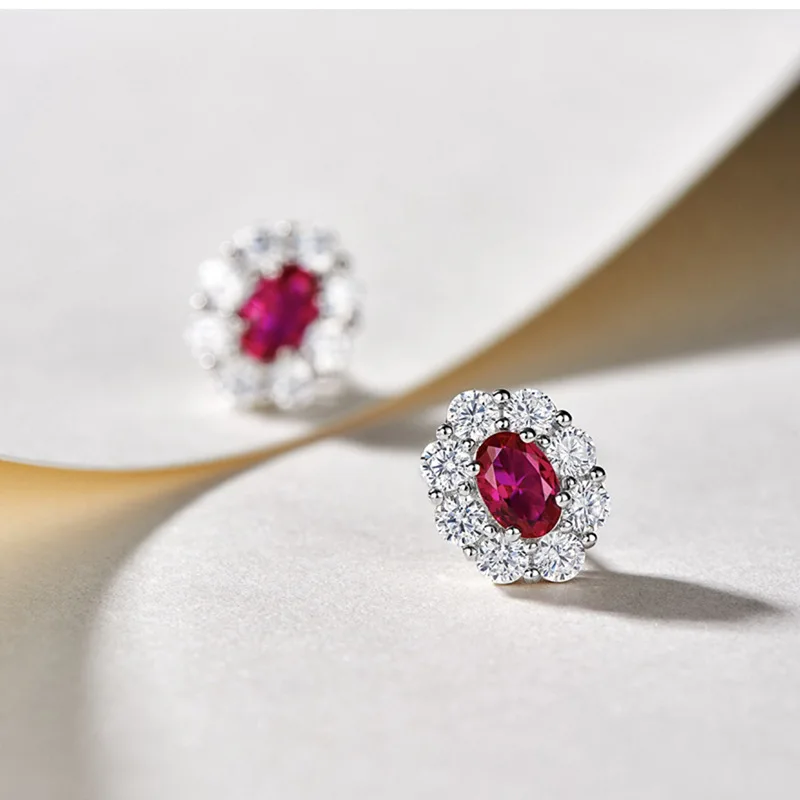 Gorgeous Female Earrings 925 Sterling Silver Oval Shaped Simulated Ruby White Zircon Earrings for Women Statement Bijoux Jewelry