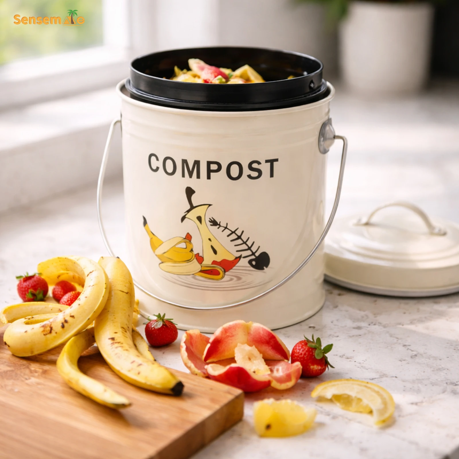 

Kitchen Countertop Compost Bin Retro Metal Food Waste Bucket with Removable Inner Pail Indoor Odorless Rubbish Trash Can