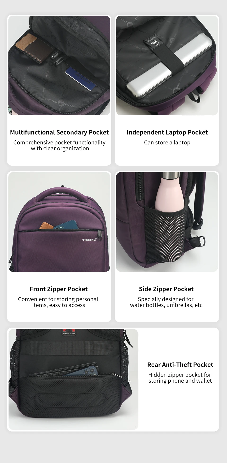 Tigernu Frauen Große Kapazität Casual Reise Rucksäcke Wasserdicht 15,6 "Laptop Rucksack Weibliche Schule Rucksack Mochilas – Detail 6