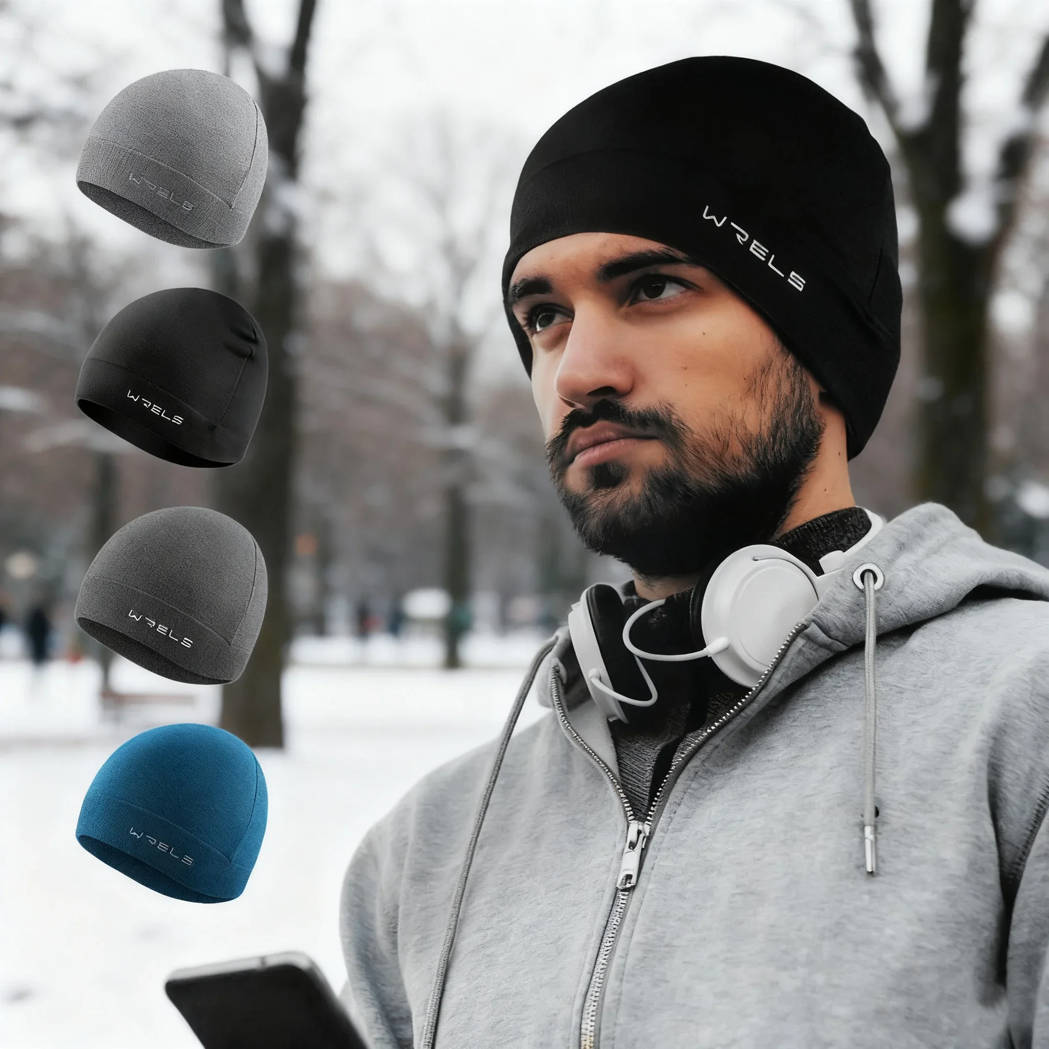 

WRELS Winter Beanie Hat Windproof Warm Knitted Sweat-Wicking Cycling Skull Hat Thermal Cold-proof Soft Outdoor Sport Running Cap