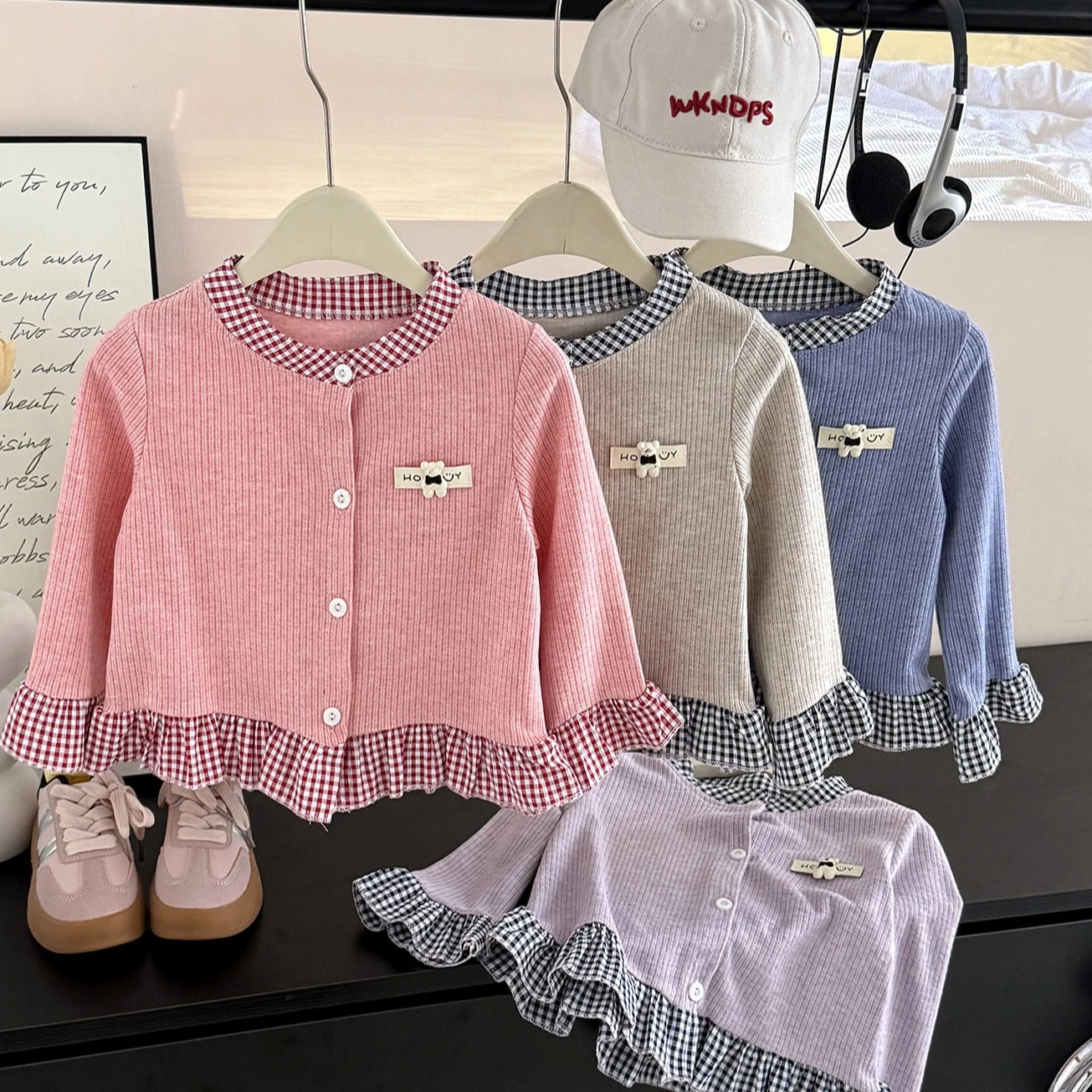 Autumn Girls' Hoodie Baby Princess Plaid Long Sleeved Lace Cardigan Children's Sweet Knit Sweater Outerwear Base Coat Clothing