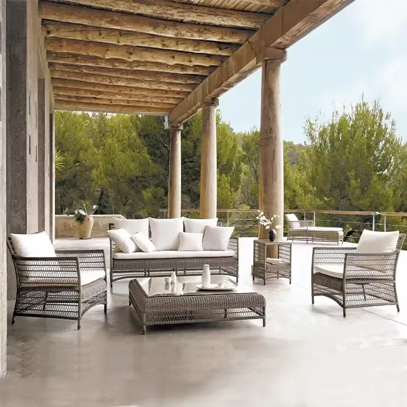 Outdoor Sloped Arms Legs Single Sofa Chair All-weather Wicker Wood Set Modern Garden Sofa Living Room Courtyard