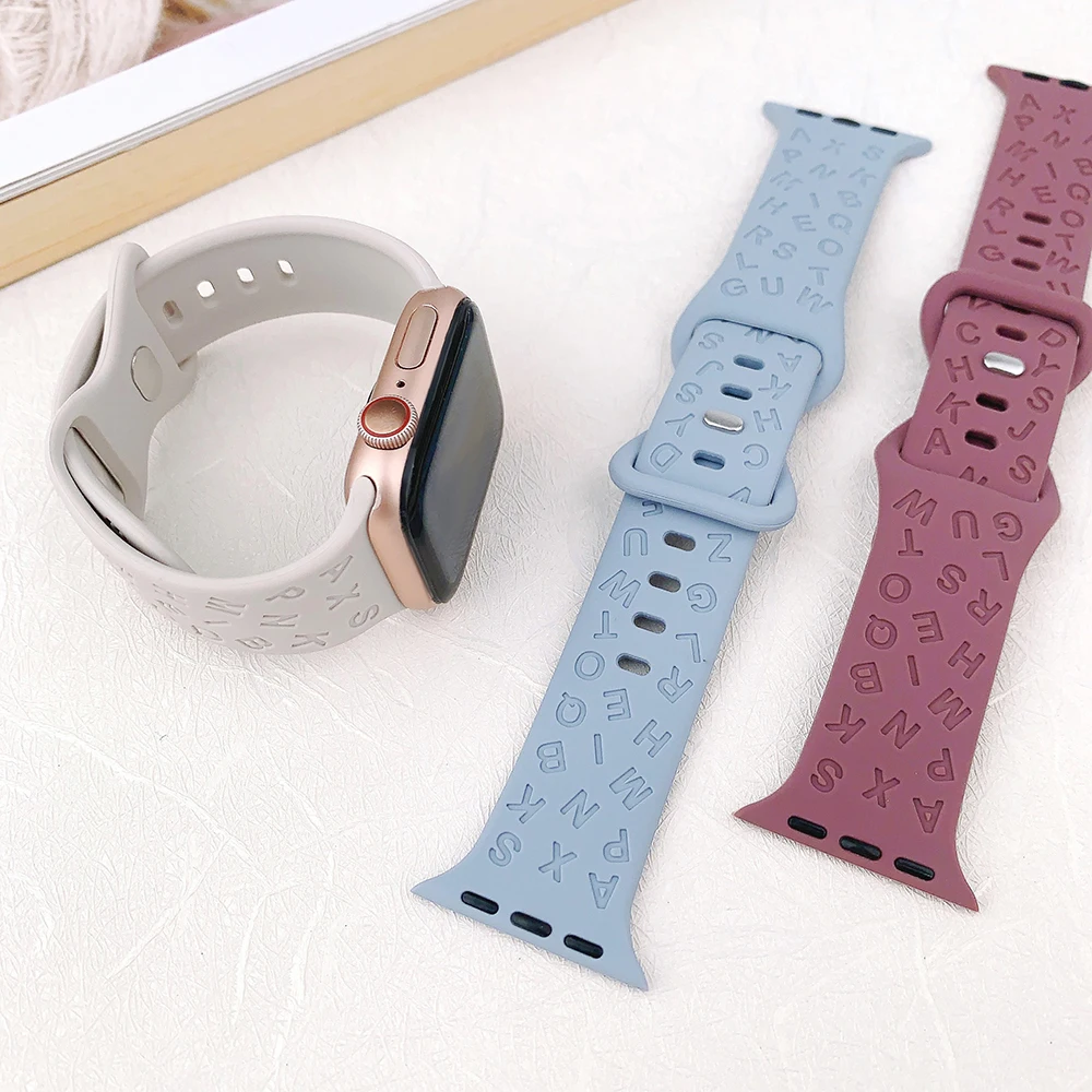 Letters Engraved Strap For Apple watch band 40mm 44mm 45mm 49mm 41mm 38mm Silicone Bracelet iWatch Series 9 8 7 6 5 3 se Ultra 2