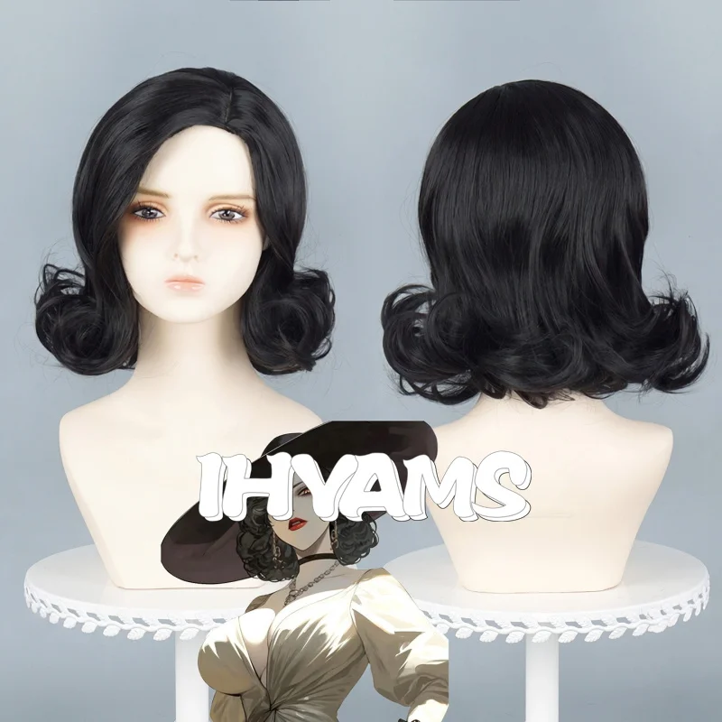 

Anime Alcina Dimitrescu Cosplay Wig Halloween Carnival Party Props Black Short Curly Synthetic Hair Heat Resistant Fiber