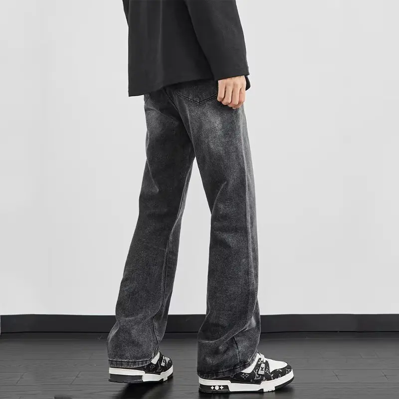 جينز أسود عالي الجودة للرجال نمط 2025 ربيع جديد متوهج السراويل الأمريكية عالية الشارع منحني سراويل تقليدية #4