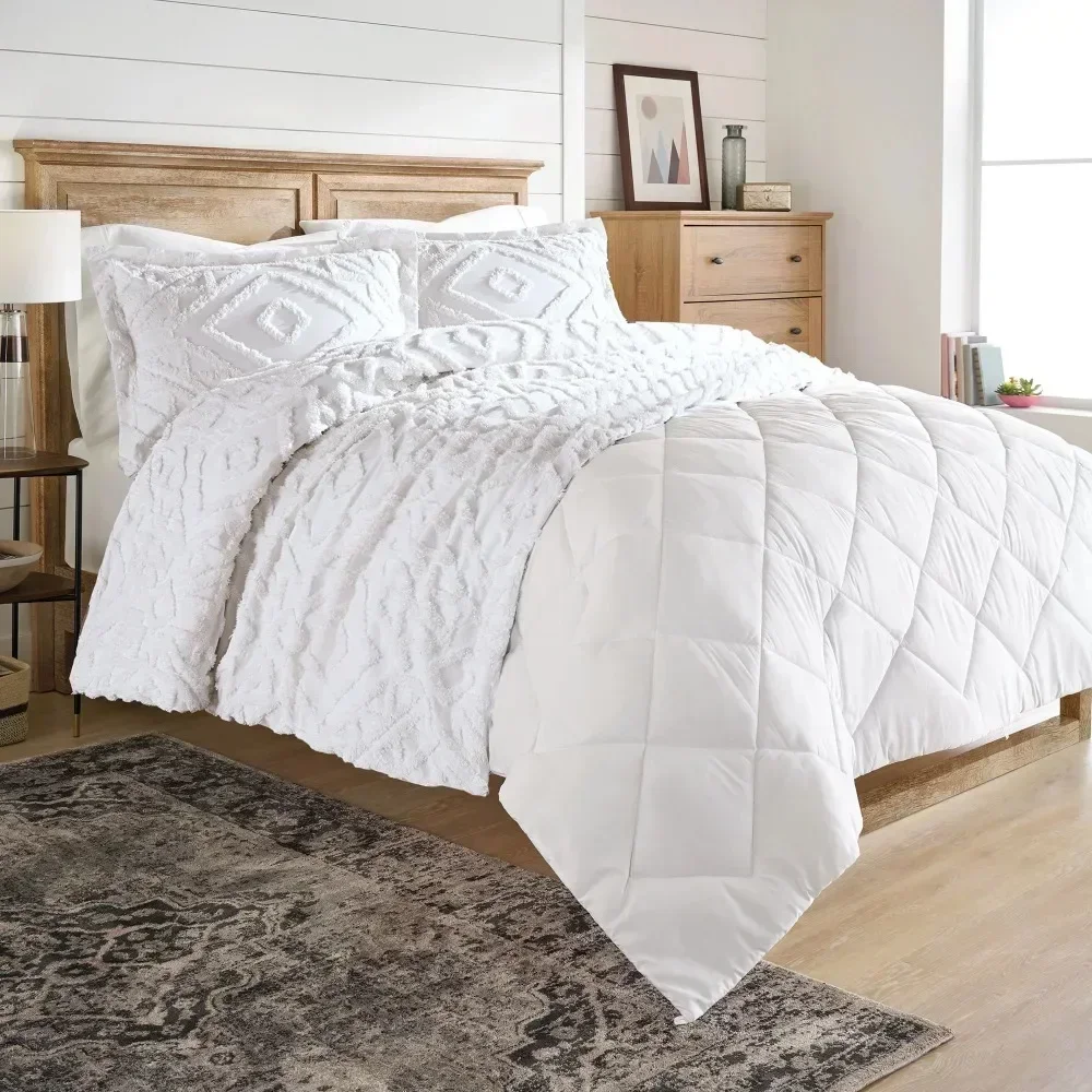 

3-Piece Chenille Duvet Cover Set, Full/Queen, White High Quality Crafts with Furball Double Bed Duvet Cover Set