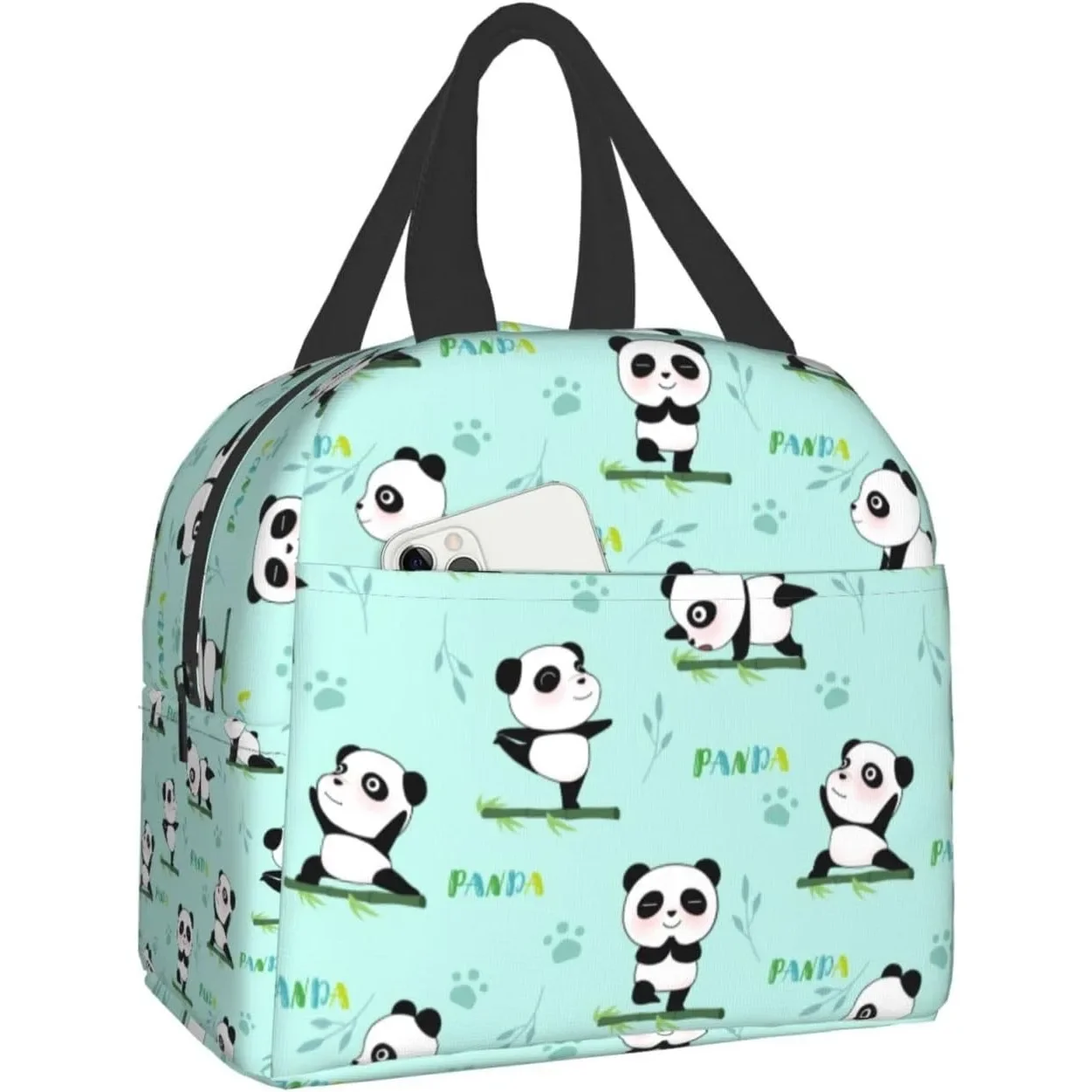Yoga Pandas Insulated Lunch Bag with Front Pocket Reusable Cooler Tote with Zipper Use for Camping Hiking Picnic Beach Travel