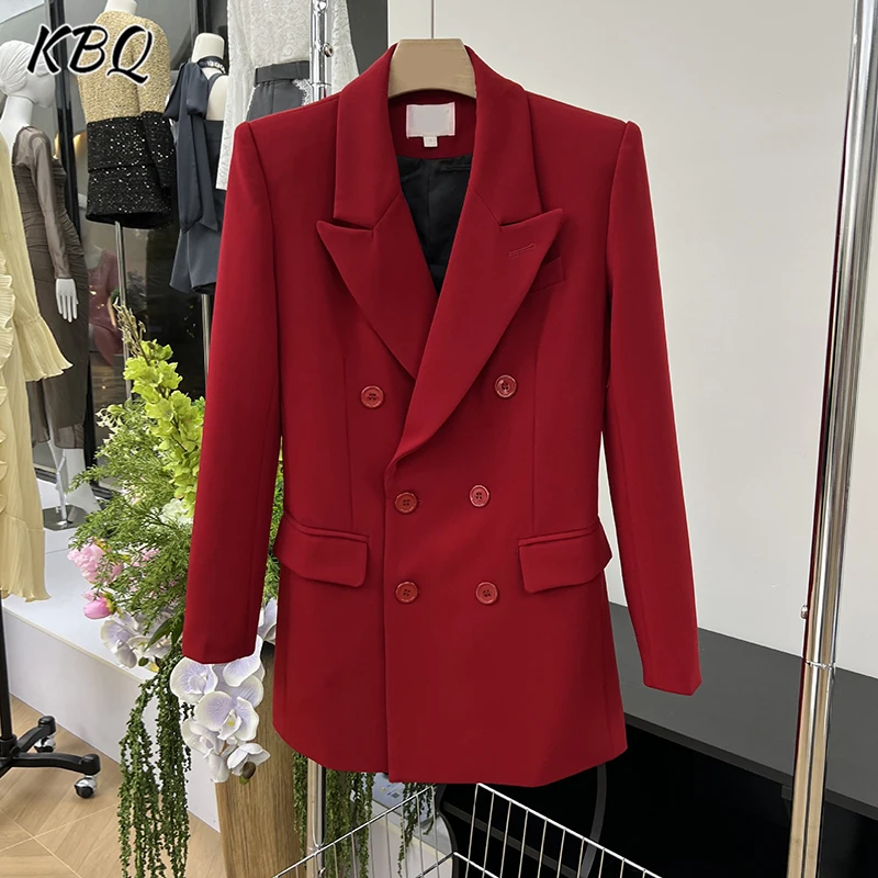 

KBQ Solid Spliced Double Breasted Blazer For Women Notched Collar Long Sleeve Minimalist Slimming Blazer Female Fashion Style