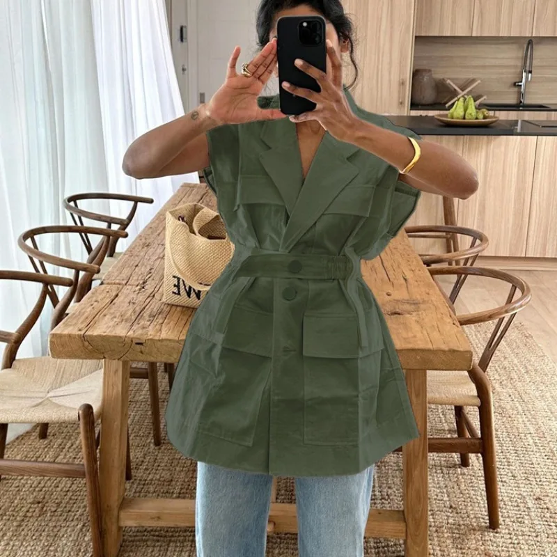 

Свободные наряды, офисная рабочая одежда, рубашка, жилет для женщин, нарядный пиджак без рукавов, осенне-летний жилет с карманами, топы, пояс, деловой повседневный