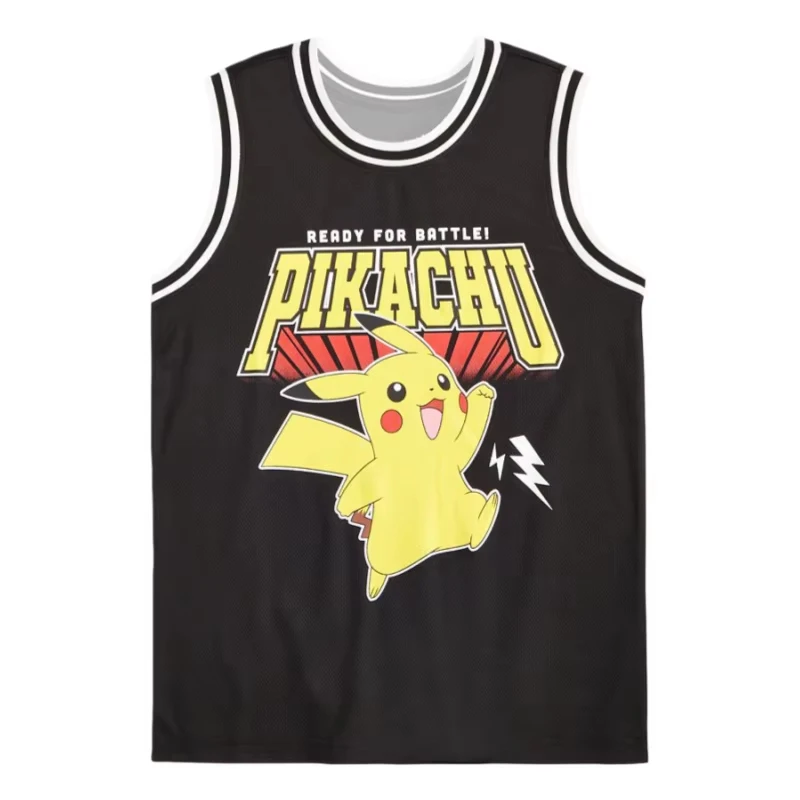 2026 Hot Sale Potdemiel Pokemon Pikachu Basketball T-shirt Allover Print Adult Kids Athleisure Vest in Black Summer High-quality