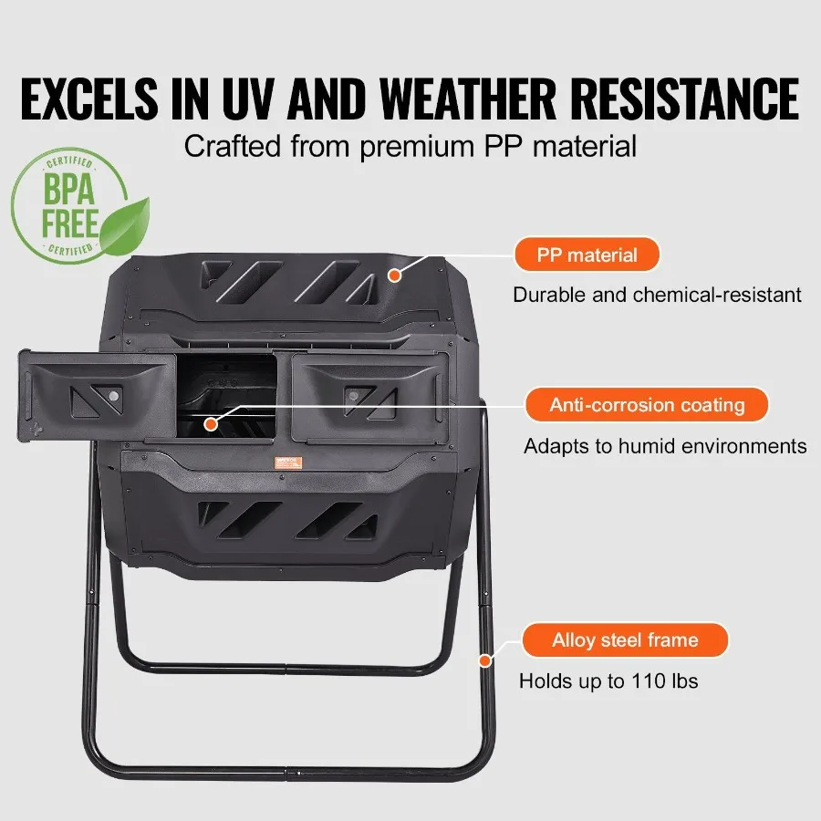 Kompostbehälter 43 Gallonen Doppelkammer-Kompostbecher Großer rotierender Trommelkomposter mit 2 Schiebetüren und Stahlrahmen BPA F