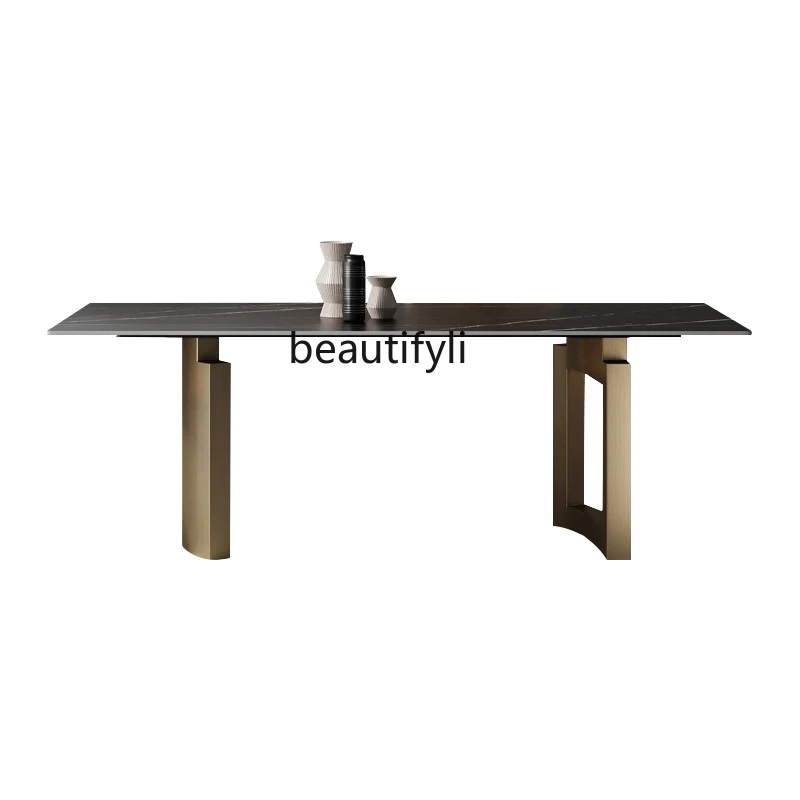 

Italian-Style Light Luxury Stainless Steel Stone Plate Dining Table Small Apartment Rectangular High-End Design Dining Table