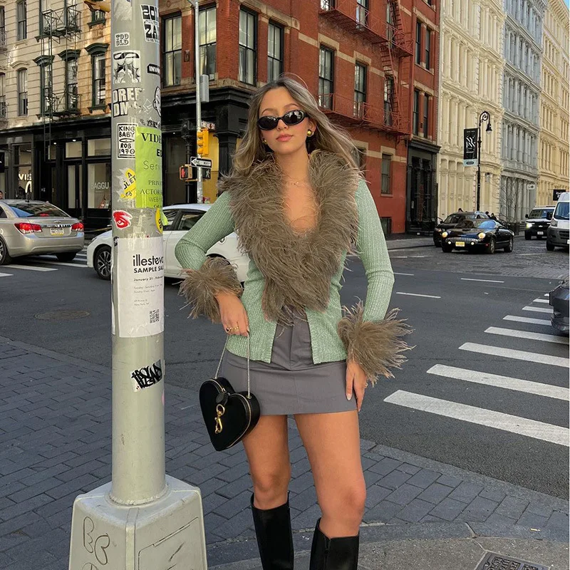 

Elegnat Cardigan Autumn Noble Patchwork Coat with Fluff for Women Punk Style Casual Green Tops Y2k Vintage Aesthetic Fur Jacket