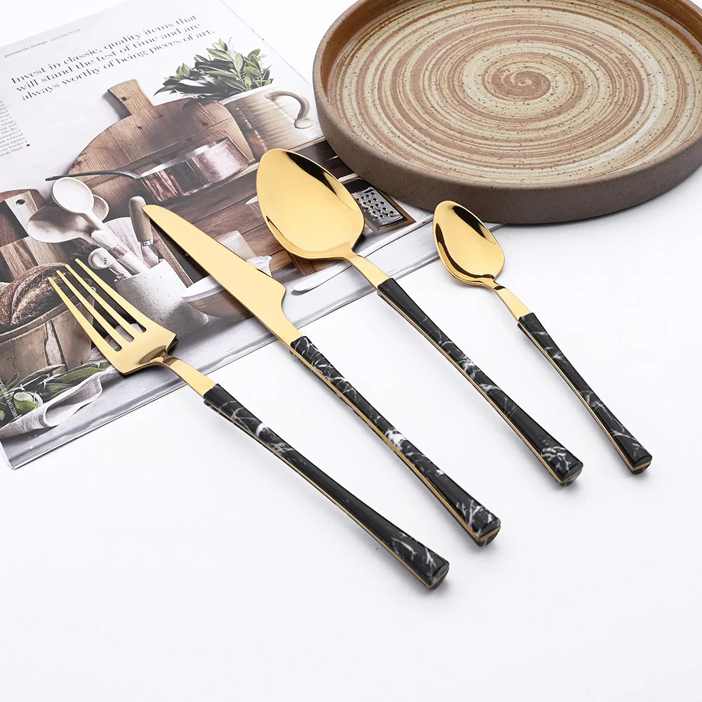 6/24Pcs Gold Marble Texture Handle Cutlery Set Kitchen Stainless Steel Dinnerware Set Knife Fork Spoons Rack Tableware Set