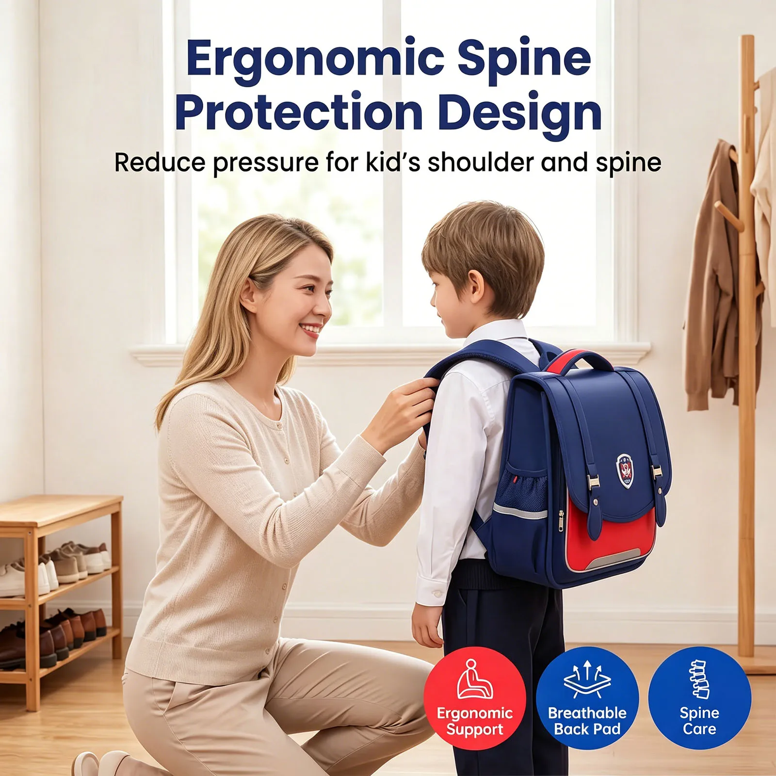 Horizontal Spine-Protecting Backpack for Grades 1-4,Double Shoulder School Bag for Elementary Students,Ergonomic Kids Bookbag