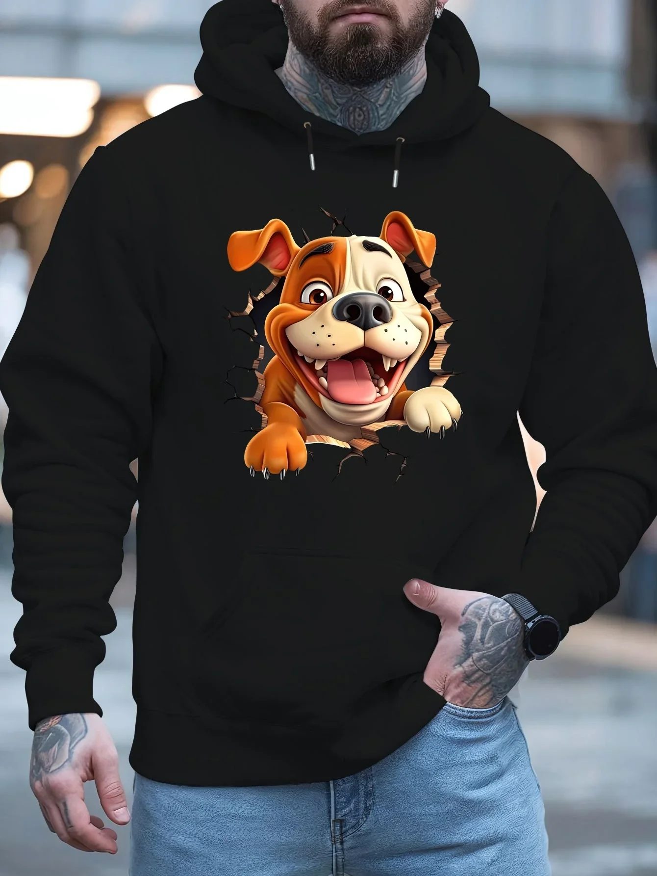 3D Break Wall Cartoon Bulldog Graphic Hoodie Funny Dog Animal Print Pullover Sweatshirt Loose Fit Unisex Autumn Winter Fleece