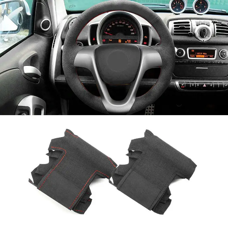 Car Steering Wheel Suede Leather Cover For Smart Fortwo 2009 2010 2011 2012 2013 Smart Forjeremy 2013 with Threads Strip Trim