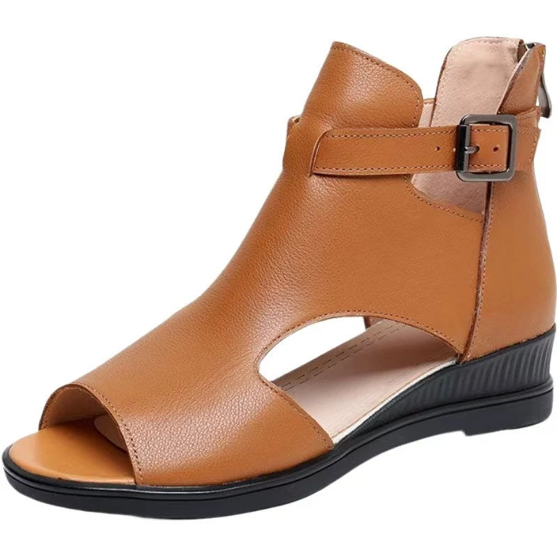 

Women's Leather Hollow Out Peep Toe Sandals Summer High Quality Soft Sole High Top Big Size Wedges Buckle Strap Casual Sandals