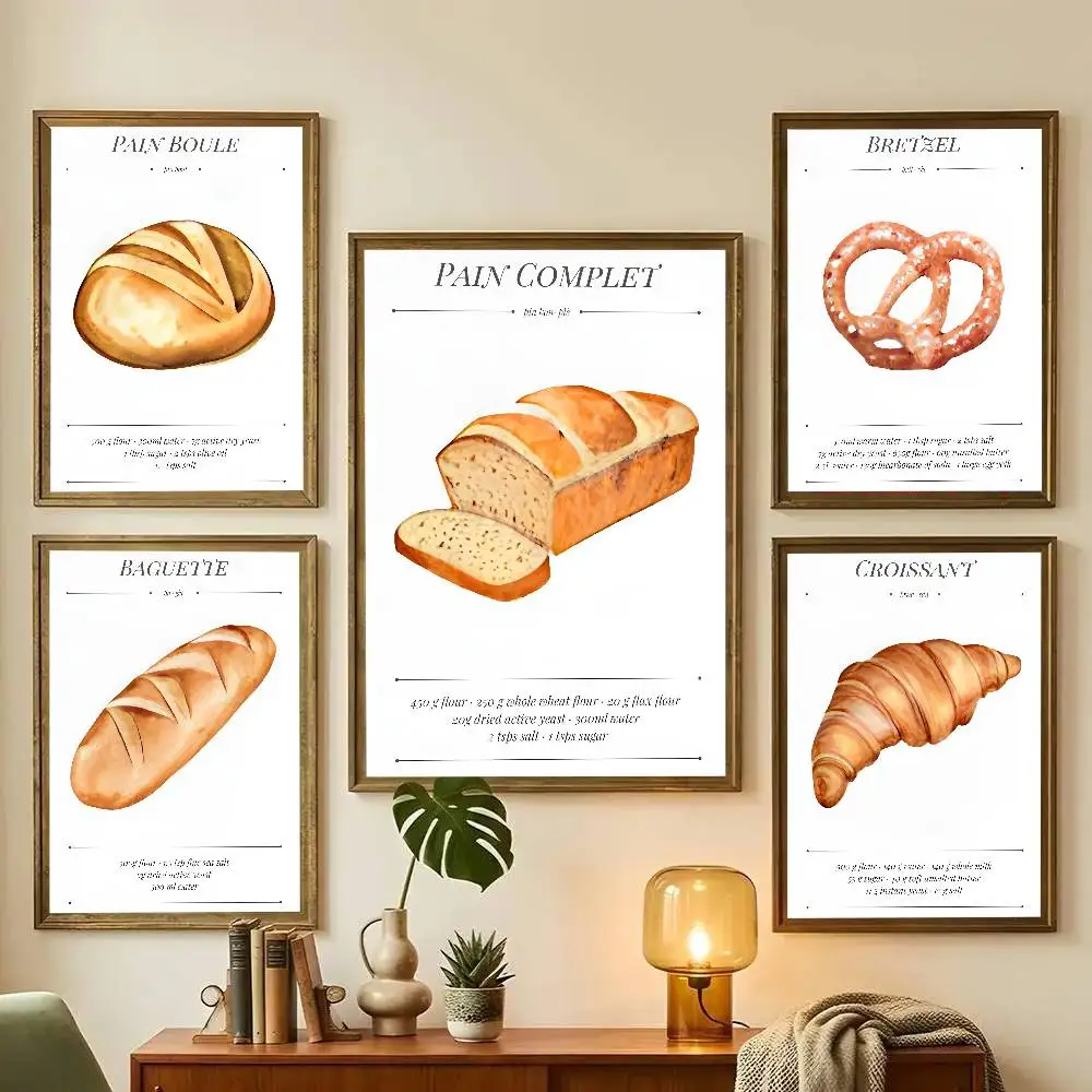 Póster artístico con impresiones de recetas de pan y croissant para cocina, panadería francesa, decoración para el hogar, dormitorio, sala de estar, regalo