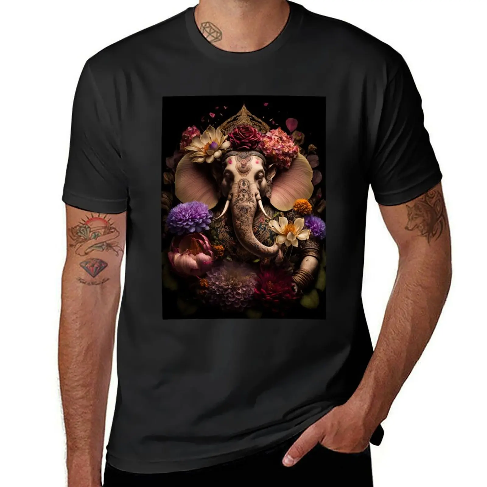 Ganesha with Colourful Flowers T-Shirt plus size tops oversized kawaii clothes quick-drying funny t shirts for men