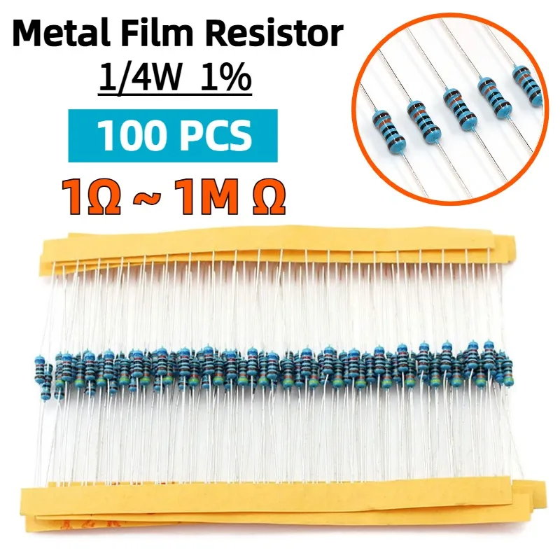 

100PCS Metal Film Resistor 1/4W 1% 1R - 1M Ohm Resistance 100R 220R 1K 1.5K 2.2K 4.7K 10K 22K 47K 100K 100 220 1K5 2K2 4K7