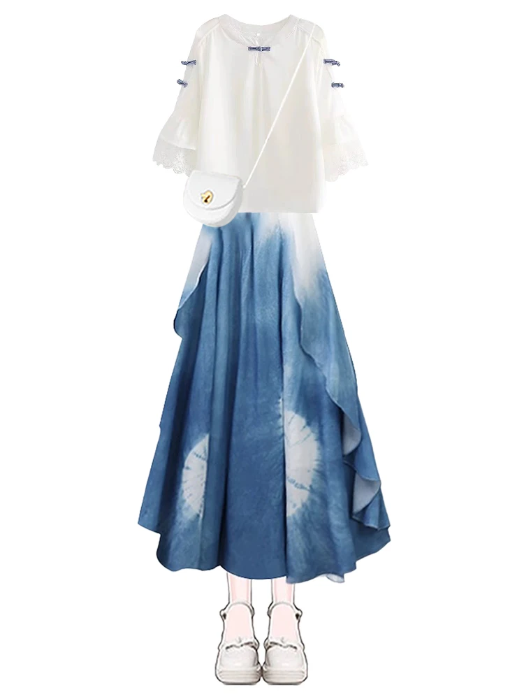 Blue Tie Dye Dr Top Bot Set Completo estivo casual da donna Abito a due pezzi Fibra di poliestere rotondo Ne ort Sve