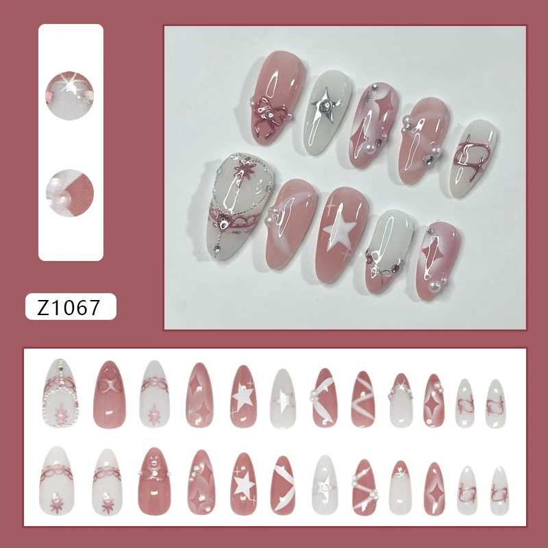 

24pcs Y2K Pink Star Almond False Nail Tips Fresh Colorful Nails Sets Bowknot Summer Design Press On Nails Art Wearable Fake Nail