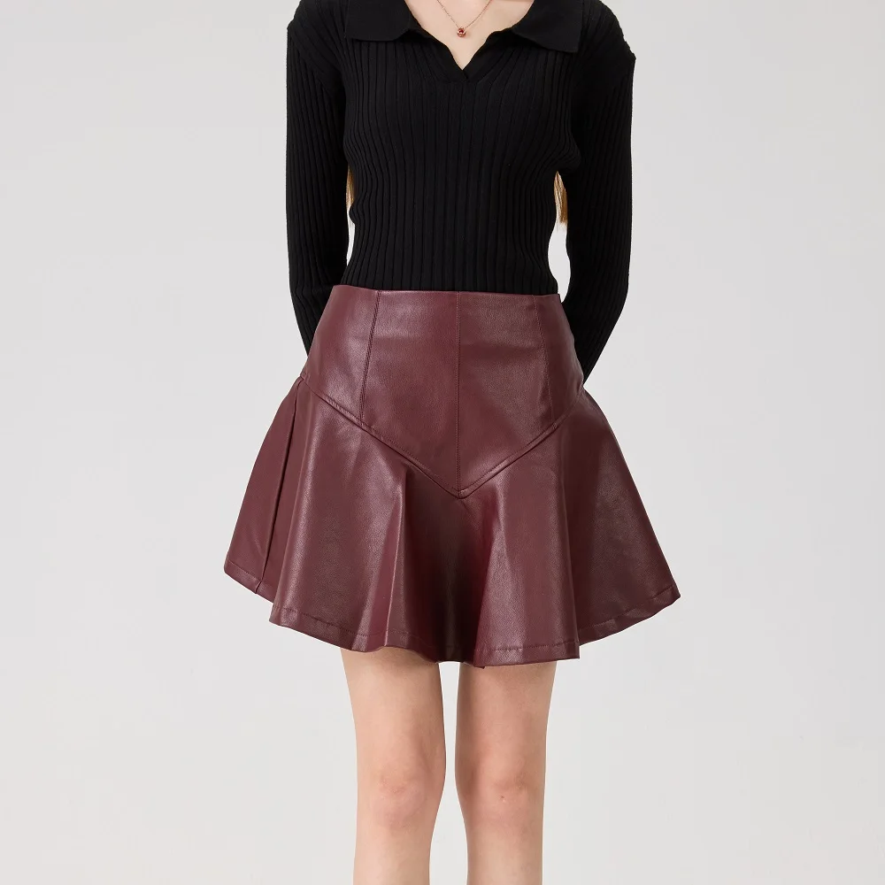 

2026 Winter Women's Leather Skirt, Faux Leather, Casual, High-Waisted, Short Skirt, Y2K New Fashion, Party, Full Swing Skirt bra