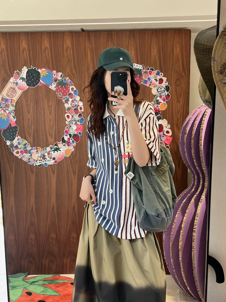 

Женская свободная футболка 8ON8 из 100% хлопка с полосатым пэчворком и принтом «Цветок пустыни» для весны и лета