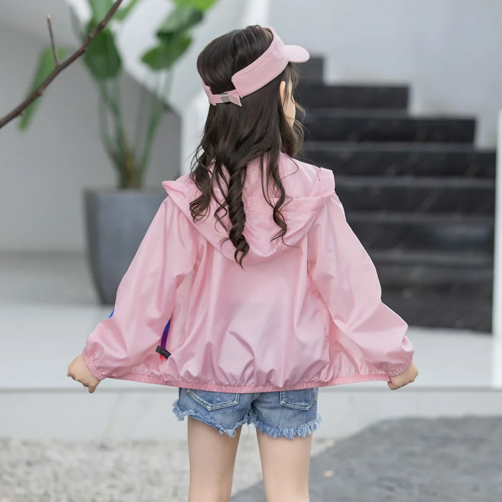 Fashion Rainbow Zipper Hooded Windbreaker Jacket For Girls Summer Sun Protection Coat 4 6 8 10 Years Children Outerwear Clothing