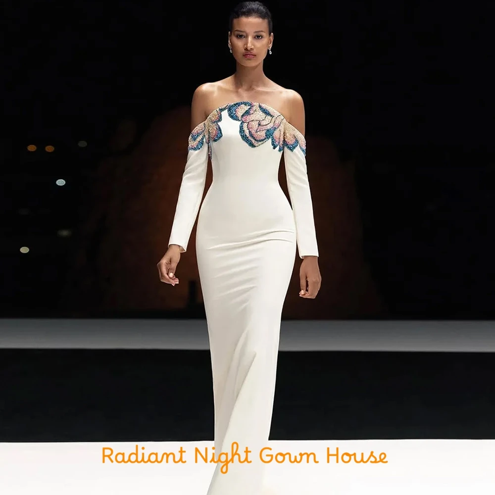 Sukienka wieczorowa z białej dzianiny, szyta na miarę, z dekoltem w łódkę, odkrytymi ramionami, długimi rękawami, suknie celebrytek, aplikacje na przyjęcie weselne.