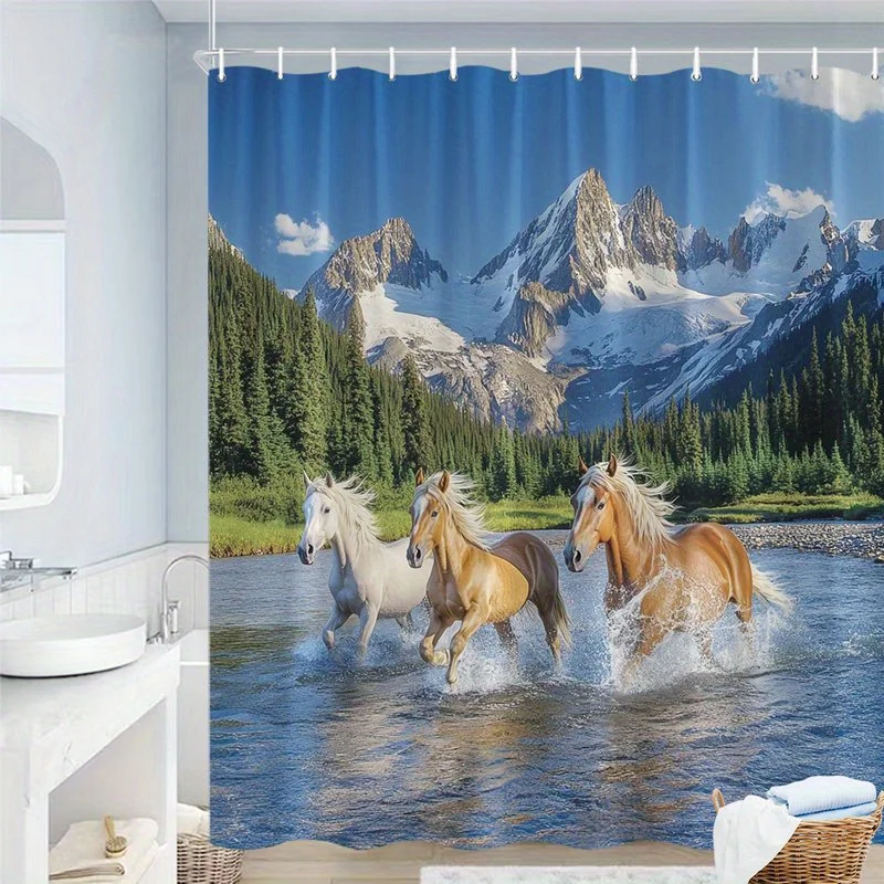 1pc Galloping Horses Shower Curtain Vibrant Photograph of Three Horses Galloping Through a Stream with Snow-Capped Peaks Majesti