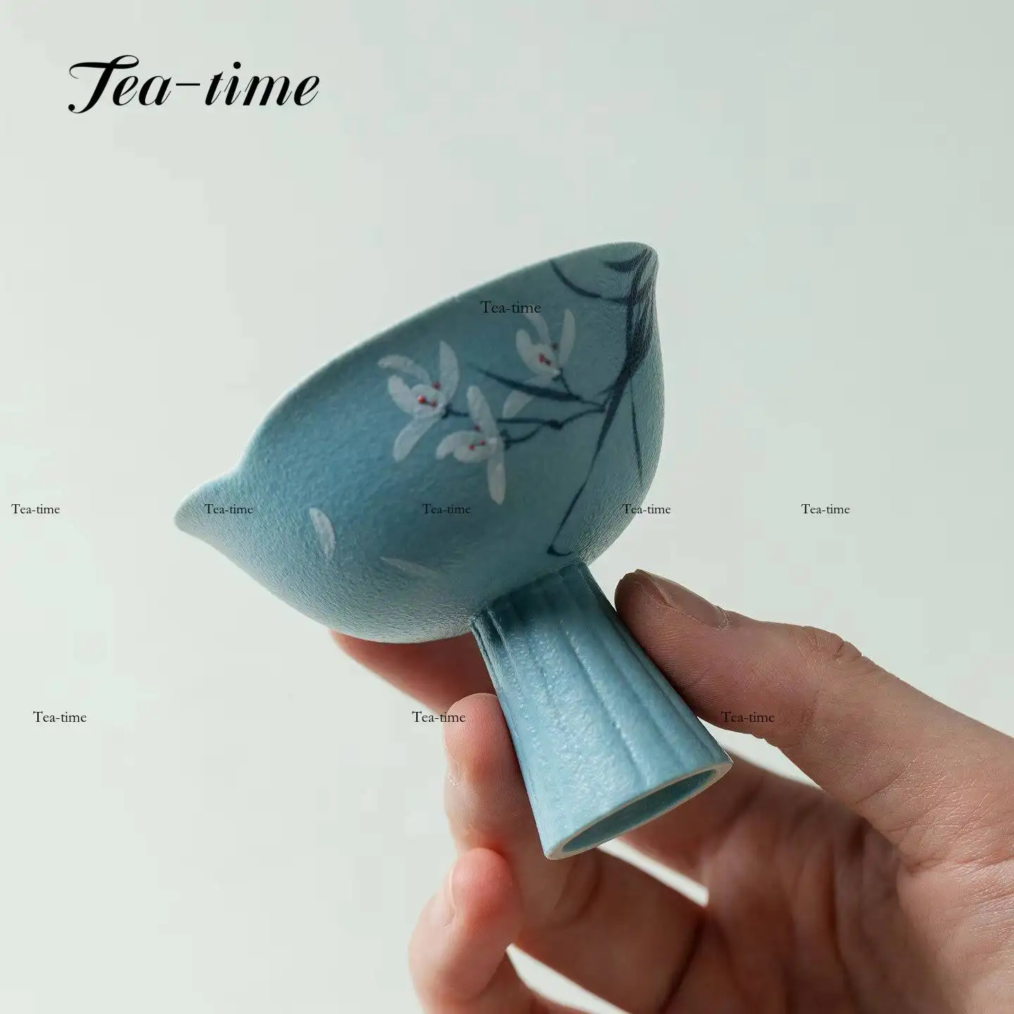 Hand-Painted Orchid Ceramic Tea Cup High-Footed Teacup Light Lake Blue Cups Teacups Chinese Maker Pottery Tool Puera Jingde Town