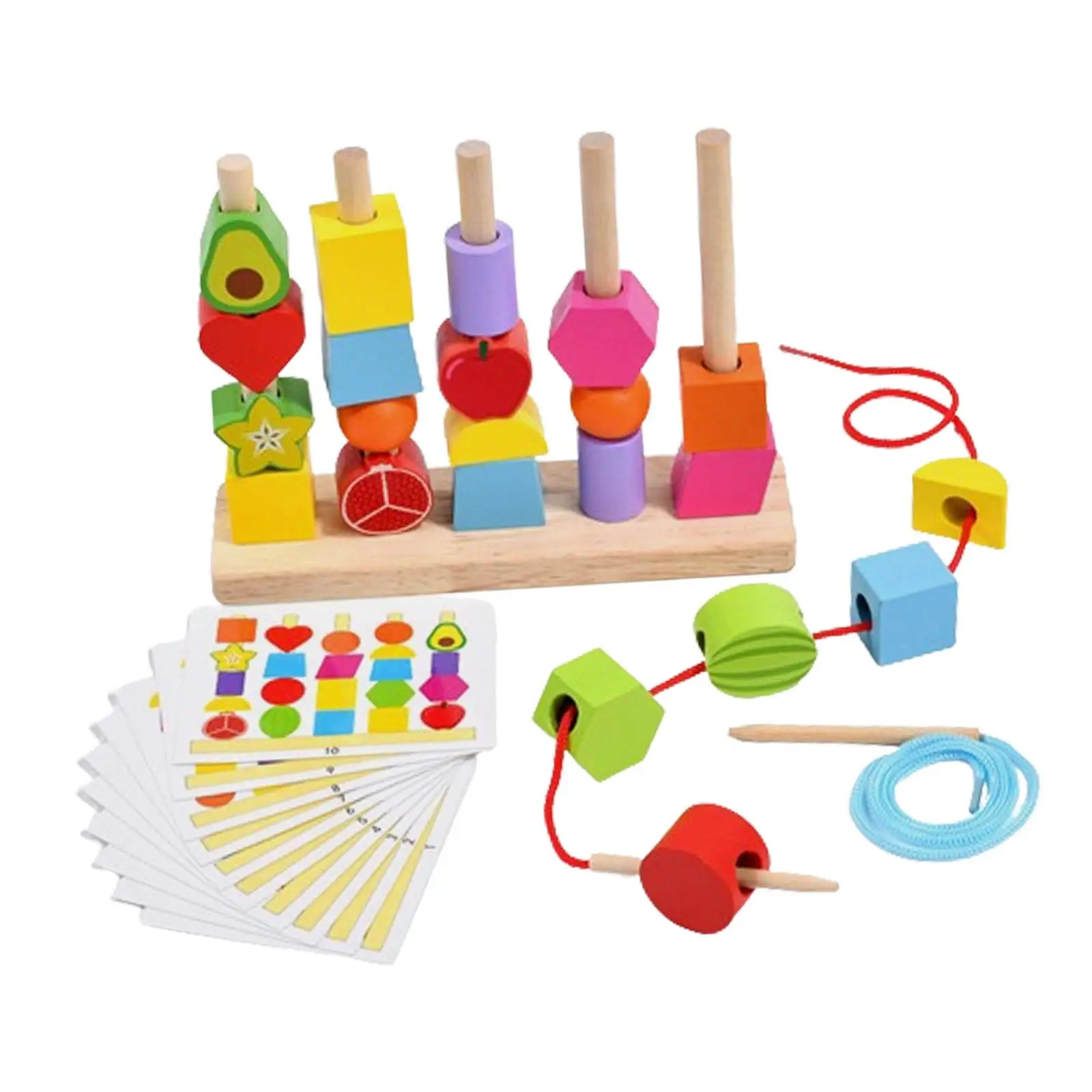 Montessori Wooden Beads Sequencing Toy Set Matching Shape Stacker for Baby