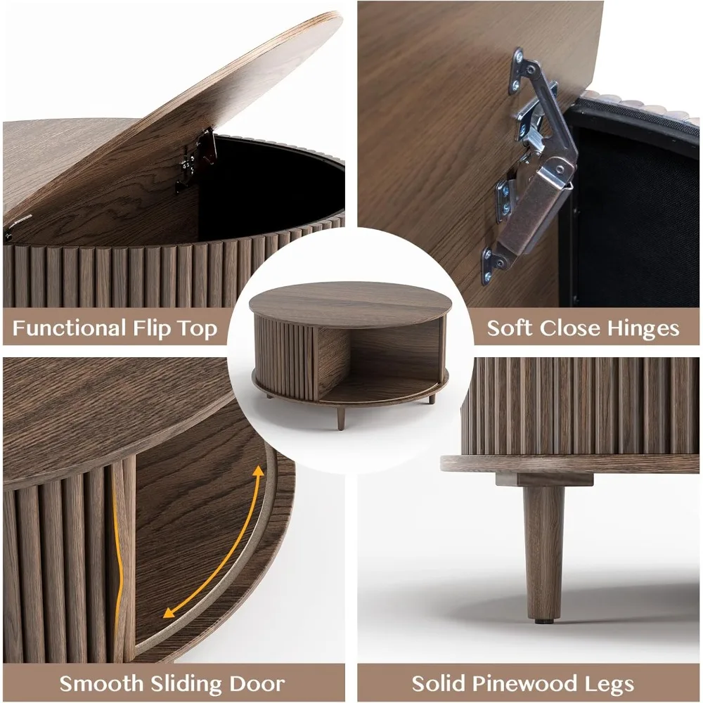 Round Coffee Table with Storage,Fluted Center Table with Sliding Cabinet Door for Living Room,Home Small Space,31.5" Small Table