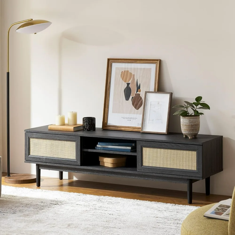 

Haylee TV Stand, Modern Farmhouse Television Stand for 55/60/65 inch TV, Natural Rattan Boho Entertainment Center with Storage,
