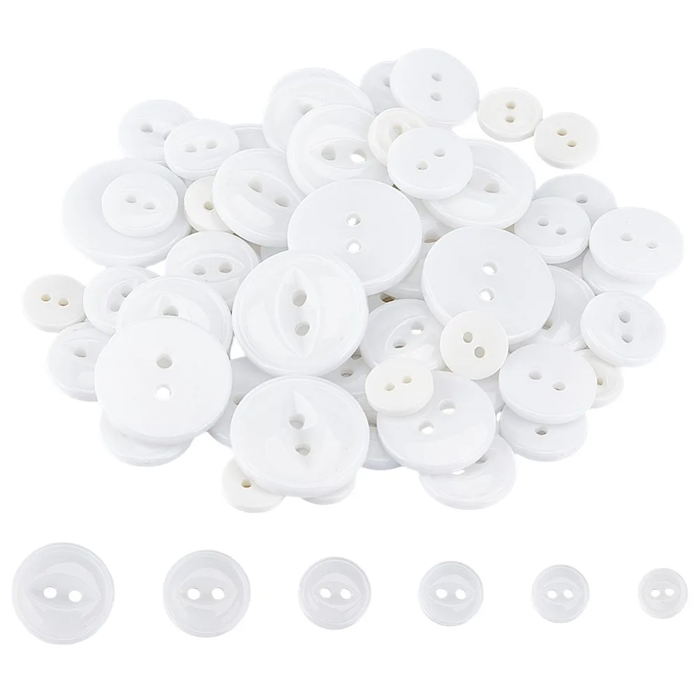 

120Pcs 6 Styles 2-Hole Resin Buttons Flat Round White 9~23x2~3mm Hole: 1.4~1.8mm 20pcs/style