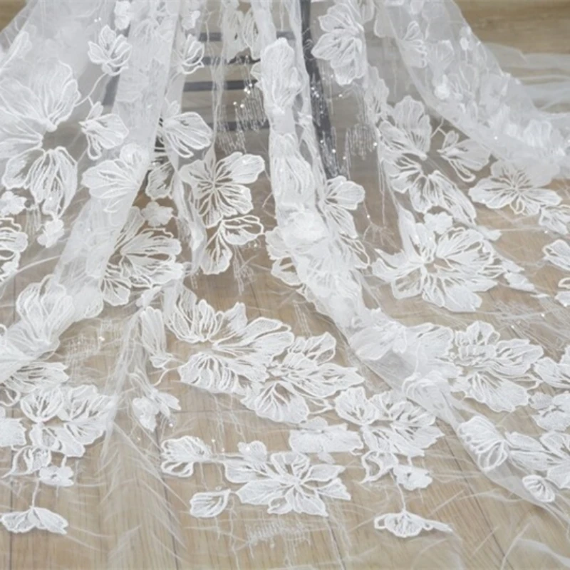 

1 Yard Exquisite Sequins Flower Embroidery lace fabric Bridal Dress fabric For Wedding Gown Bridal dress Evening Prom