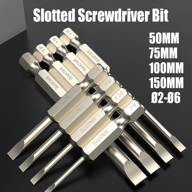 

50/75/100/150MM Ø2-Ø6 Slotted Screwdriver Bit Strong Magnetic Batch Head High Hardness Drill Bit S2 Alloy Steel Screw Driver Bit