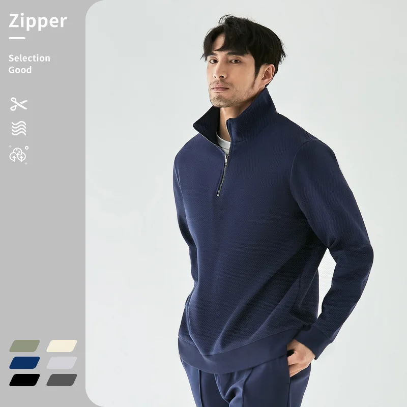 Men's Sweatshirt Autumn Heavyweight Layer Sweater Half Placket Zipper Stand Collar Casual Fashion Long Sleeve T-shirt