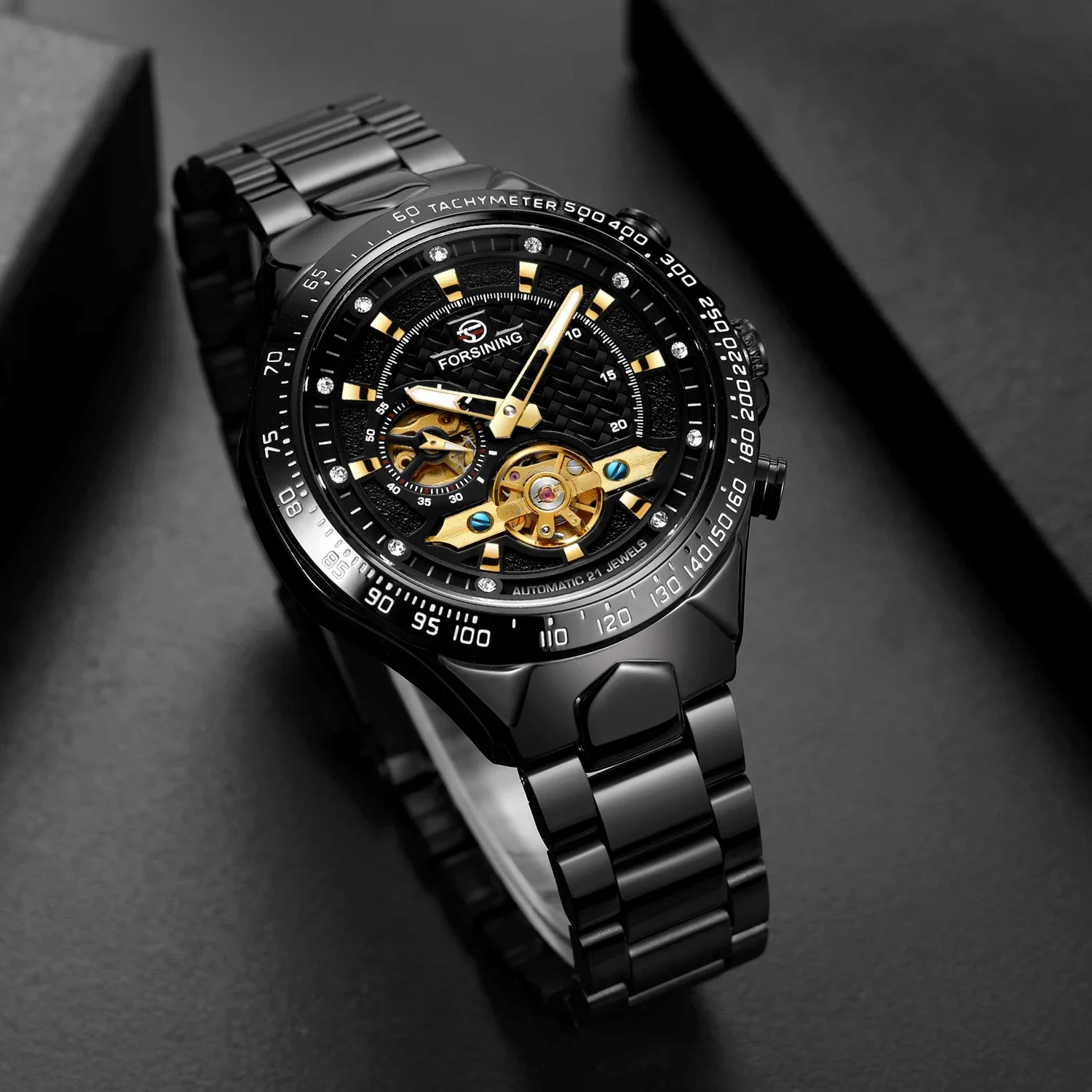 FORSINING Men's and women's watches Simple wind flywheel nail scale mechanical watch Steel strap Wrist Watch Gold watch