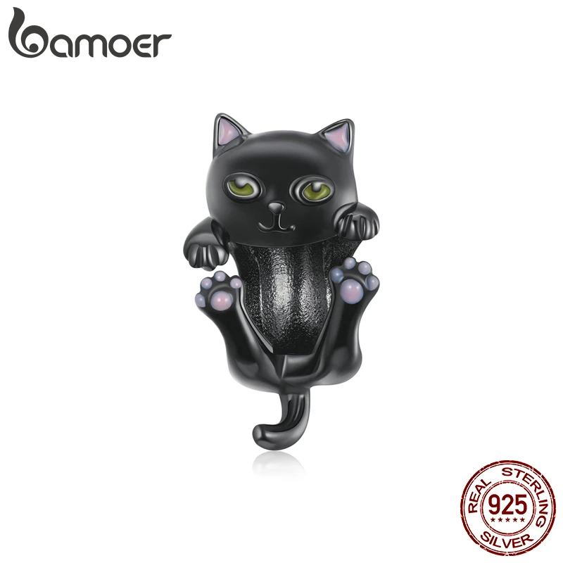 BAMOER Pet Series Genuine 925 Sterling Silver Cartoon Black Cat Charms for Original Silver Bracelet DIY Jewelry Making Beads