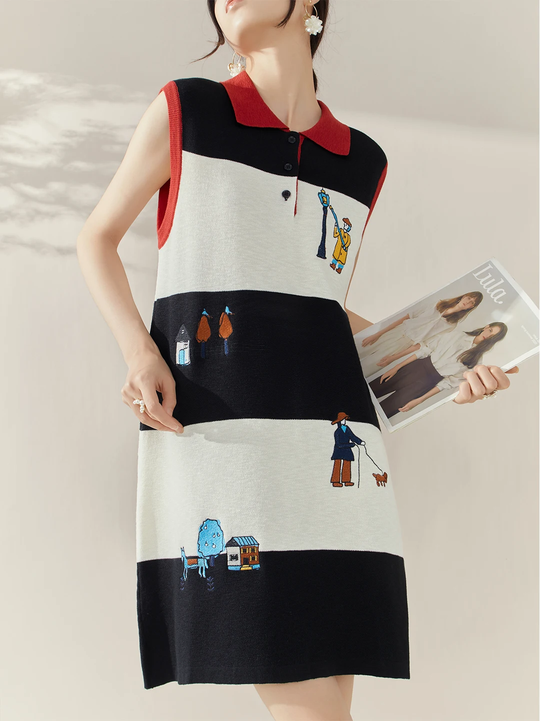 الفرنسية الأنيقة أزياء الرجعية الربط التلبيب المطرزة محبوك فساتين فضفاضة مستقيم أكمام تانك فستان قصير المرأة الصيف