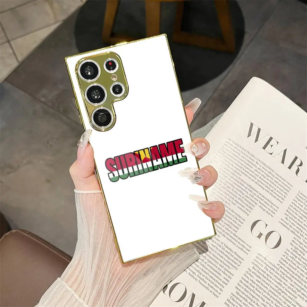 

Suriname Flag Phone Case For Samsung Galaxy S25 S24 S23 Ultra Electroplated Metal Case Glass Back Cover