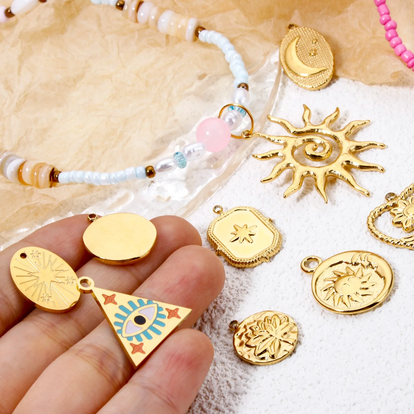 2 Pcs 304 Stainless Steel Charms Gold Plated Sun Moon Star Flower Pendants For DIY Necklace Bracelet Jewelry Making Findings
