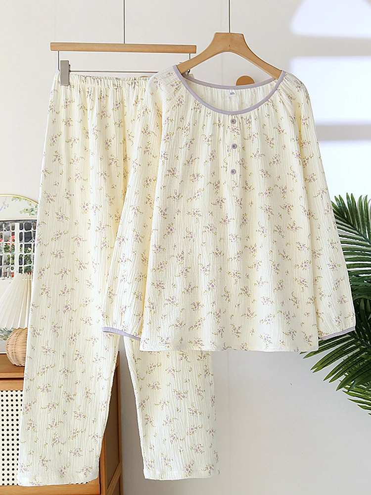 

Женский тонкий марлевый комплект из чистого хлопка с милым цветочным принтом, длинный комплект домашней одежды, весна-лето-осень, свободный студенческий комплект