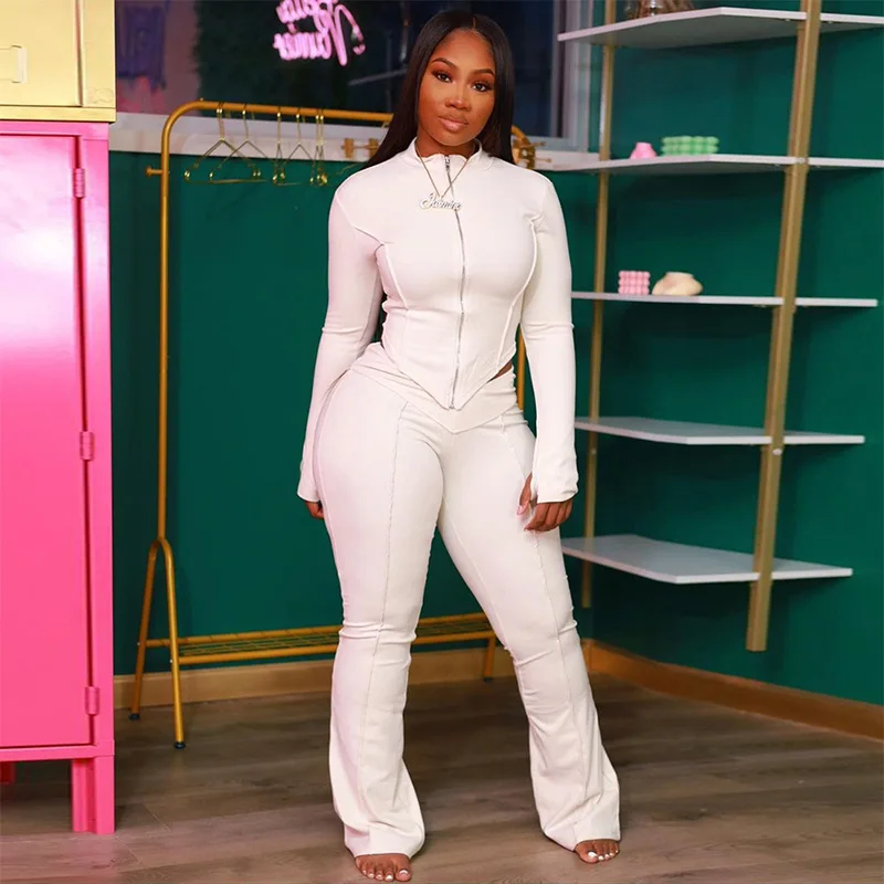 

Solid Color Tight Fitting Half High Neck Zippered Irregular Long Sleeved Cardigan+High Waisted Micro Flared Pants Casual Sports